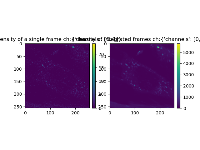 Intensity of a single frame ch:{'channels': [0, 1]}, Intensity of integrated frames ch:{'channels': [0, 1]}