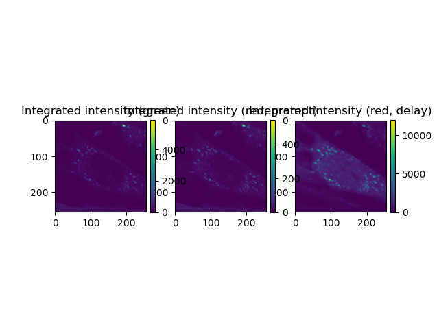 Integrated intensity (green), Integrated intensity (red, prompt), Integrated intensity (red, delay)